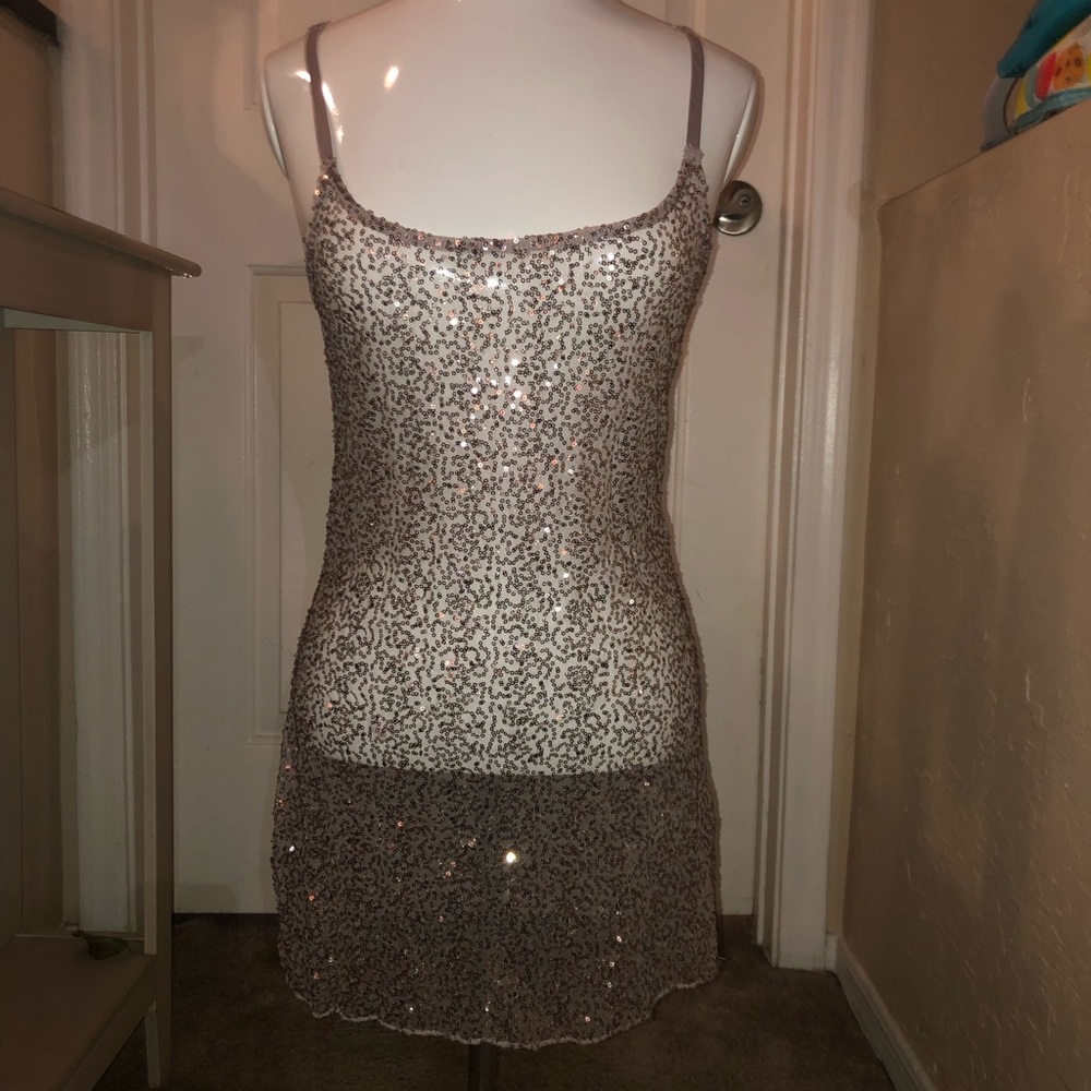 Rose gold sequined sheer tunic shirt-dress